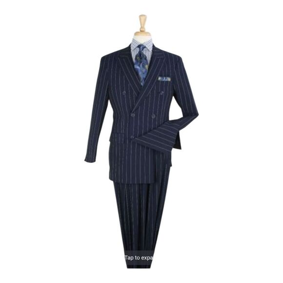 APOLLO KING MENS WIDE BOLD BLUE STRIPE 2 PC DOUBLE BREASTED SUIT. B62 - Picture 2 of 2
